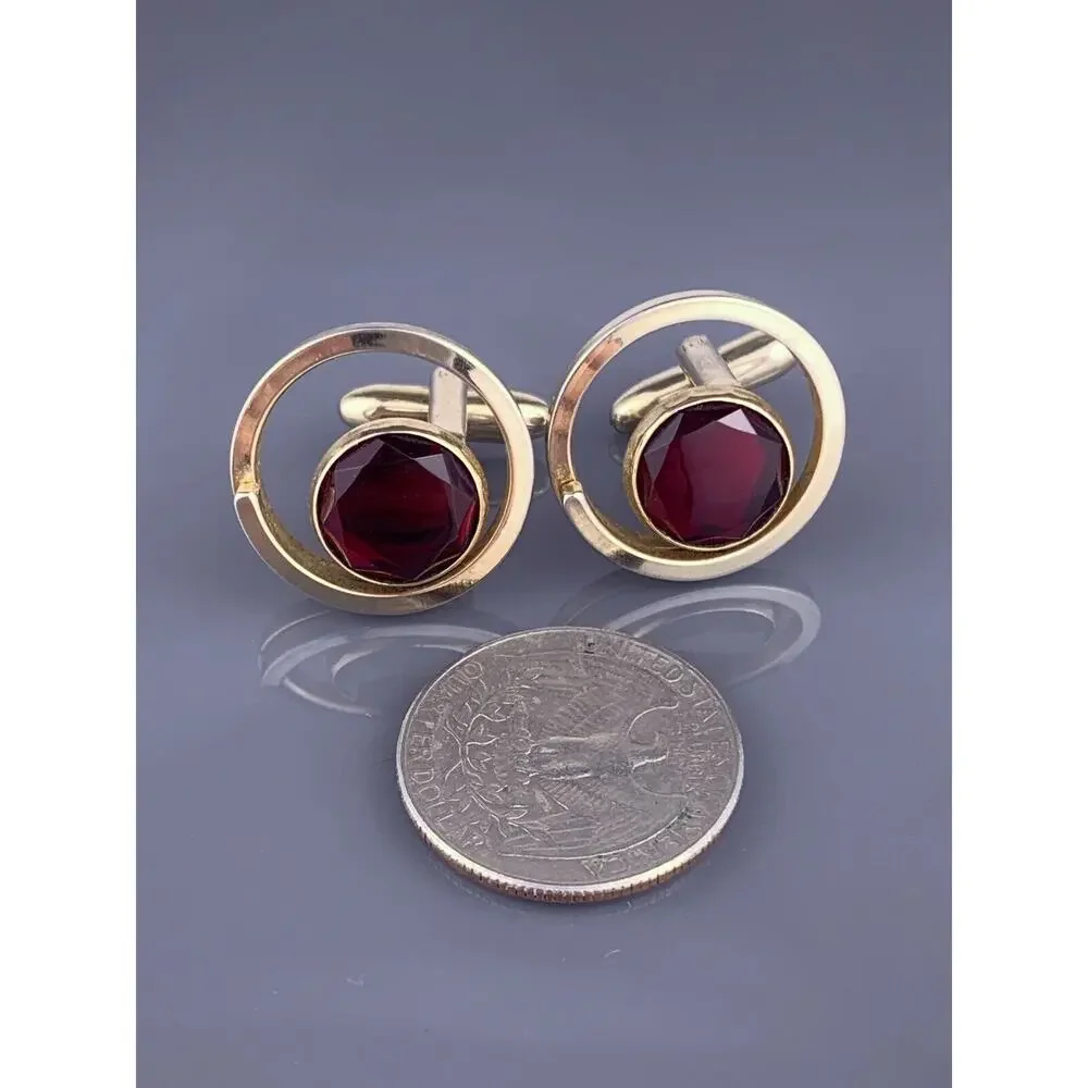 Red Cut Glass Open Circle Cufflinks Gold Tone Modernist Coil Simple Vintage